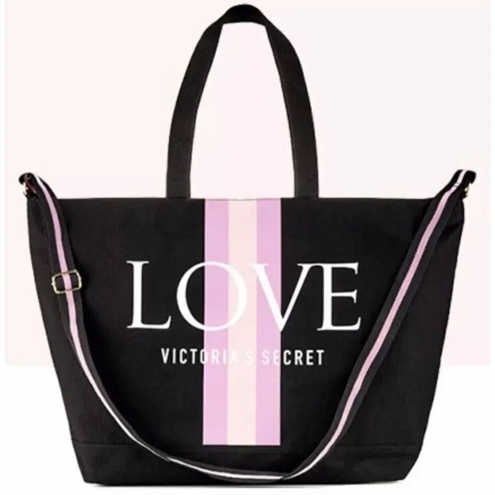 NEW with Tags! Victoria's Secret LOVE Black Pink Logo Stripe Large Weekender Tot